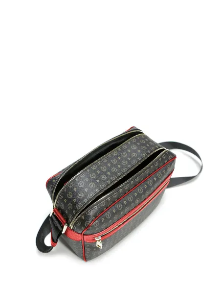 Borsa a tracolla Pollini con doppia zip nero-rosso