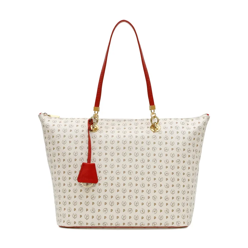 Pollini Einkaufstasche in Stoff und Leder elfenbein-rot