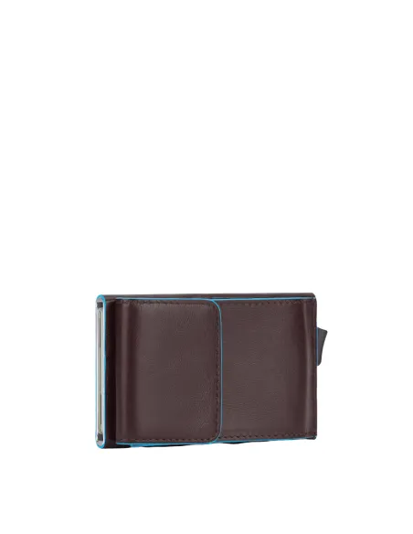 Credit card holder with sliding extraction and flap back pocket Blue Square dark brown
