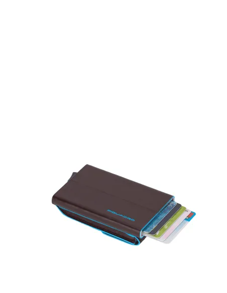 Credit card holder with sliding extraction and flap back pocket Blue Square dark brown