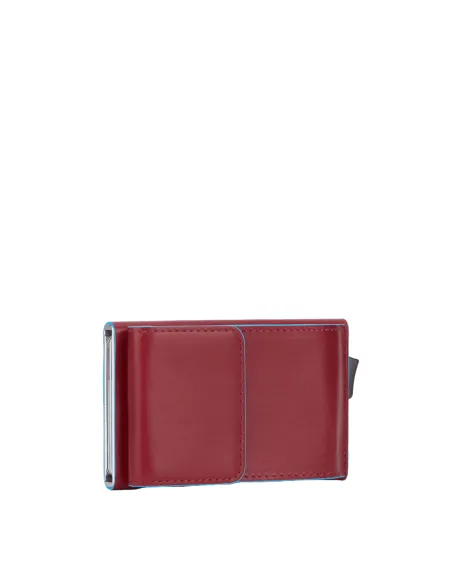 Credit card holder with sliding extraction and flap back pocket Blue Square red
