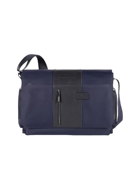 Piquadro Brief2 Laptop and iPad® messenger in recycled fabric and leather blue