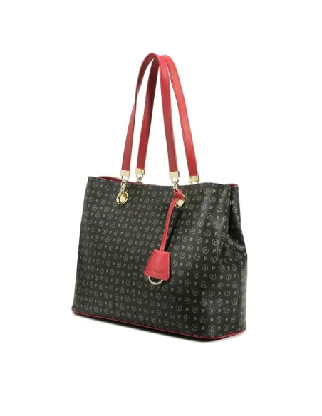 Shopping bag with magnetic central button black-red