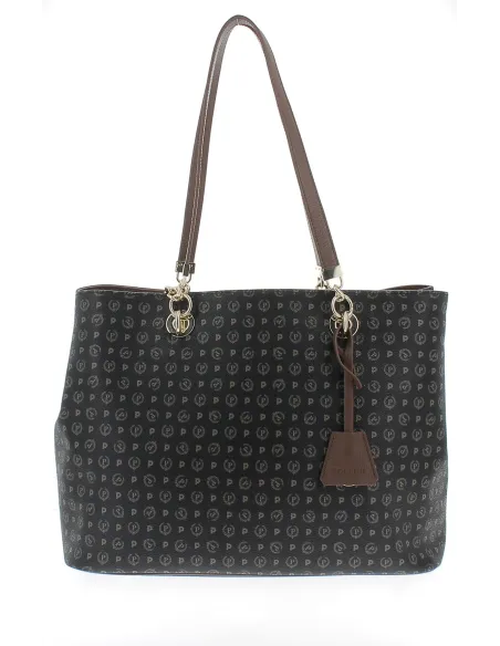 Shopping bag with magnetic central button black-brown