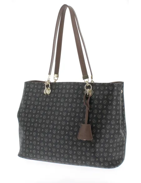 Shopping bag with magnetic central button black-brown
