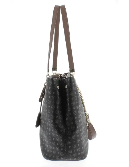 Shopping bag with magnetic central button black-brown