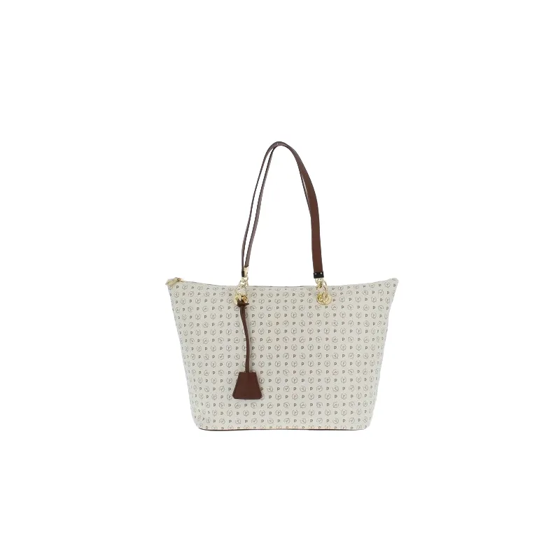 Pollini Shopping bag with zipped opening ivory-brown