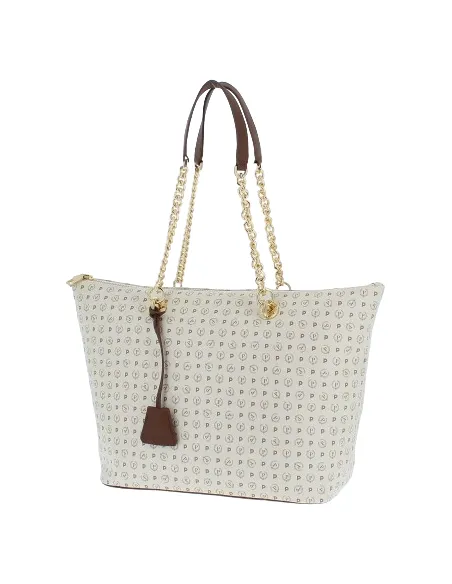 Pollini Shopping bag with zipped opening ivory-brown