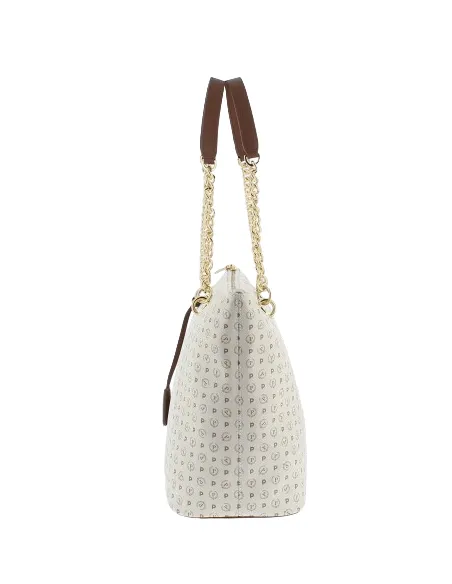 Pollini Shopping bag with zipped opening ivory-brown