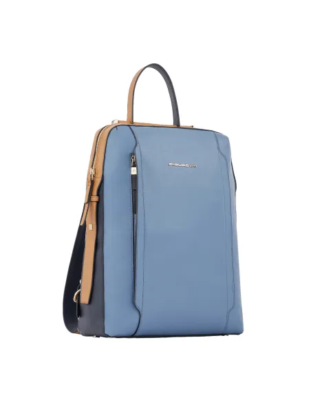 Piquadro Circle Damenrucksack aus leder mit Reißverschlussöffnung hellblau-beige