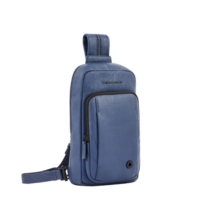 Monospalla in pelle con tasca frontale Piquadro Charlie blu 2