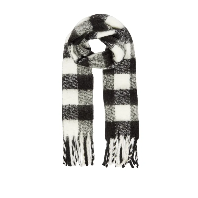 Check stole with fringes black-white