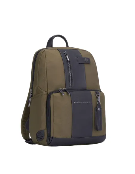 Piquadro Brief2 Computer-Rucksack aus Leder und Stoff Militärgrün-schwarz