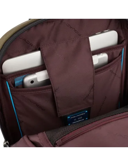 Piquadro Brief2 Computer-Rucksack aus Leder und Stoff Militärgrün-schwarz