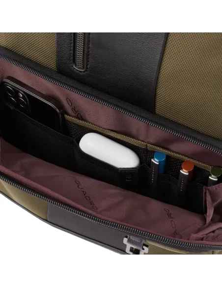 Piquadro Brief2 Computer-Rucksack aus Leder und Stoff Militärgrün-schwarz