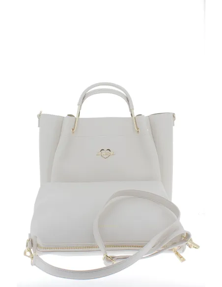 Handbag with metal handles and removable clutch bag, ivory