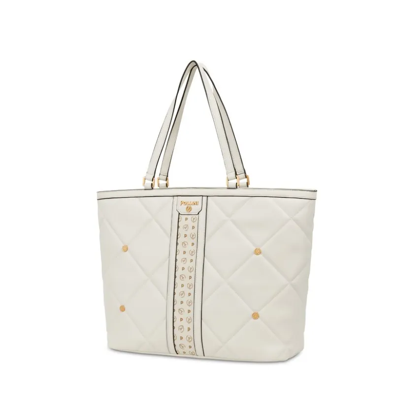 Quilted Pollini shopping bag with zip fastener, ivory 2