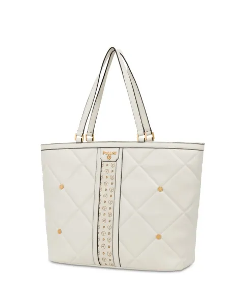 Quilted Pollini shopping bag with zip fastener, ivory