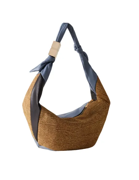 Borsa a spalla in vitello nappato e camoscio Borbonese azzurra