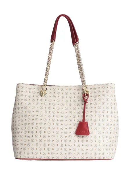 Shopping bag with magnetic central button ivory-red