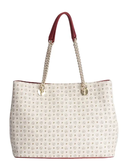 Shopping bag with magnetic central button ivory-red