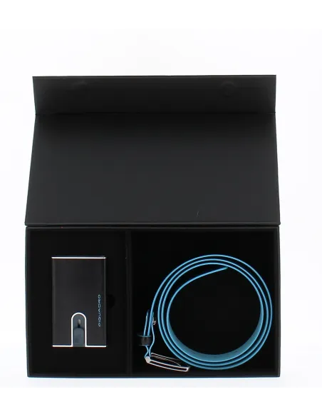 Gift box with men's belt and credit card holder with sliding system, black