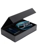Gift box with men's belt and credit card holder with sliding system, blue