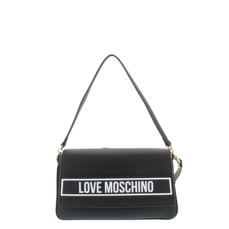 Borsa donna con pattina Love Moschino, nera con logo avorio