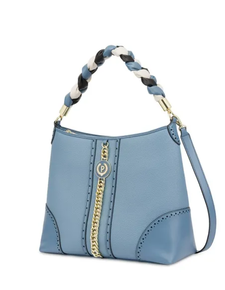 Borsa donna a spalla con manico intrecciato Pollini, azzurra