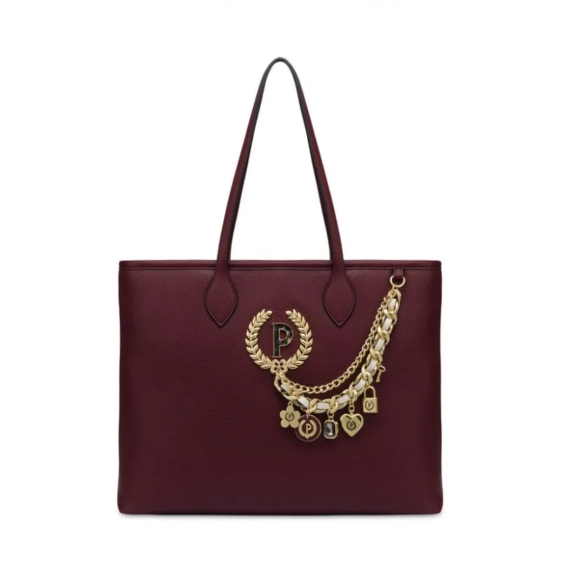 Pollini large shopping bag with chain accessory, bordeaux