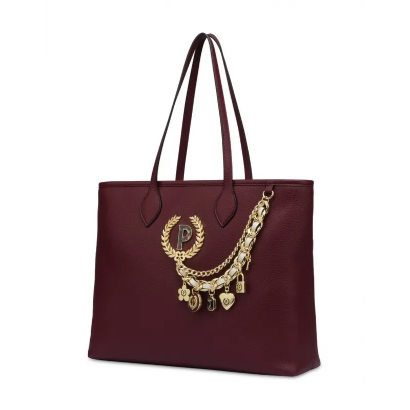 Pollini large shopping bag with chain accessory, bordeaux 2