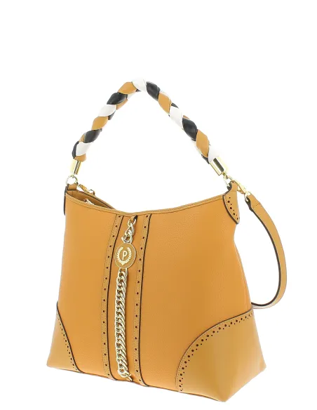 Borsa donna a spalla con manico intrecciato Pollini, ocra