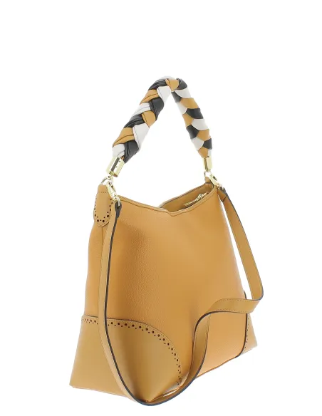 Borsa donna a spalla con manico intrecciato Pollini, ocra