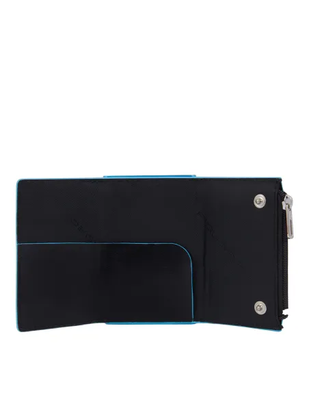 Piquadro Blue Square Compact wallet for cash and credit cards with sliding system and coin pocket, black