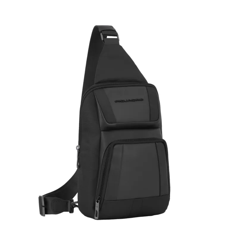 Monospalla Piquadro Wallaby in tessuto e pelle, nero 2