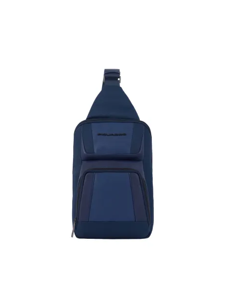 Piquadro Wallaby Mono sling bag in recycled fabric with iPad®mini compartment, blue