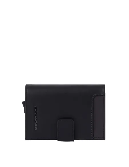 Piquadro Tiger Metal and leather credit card holder with easy slide-out, black