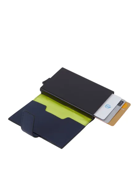 Piquadro Tiger Metal and leather credit card holder with easy slide-out, blue