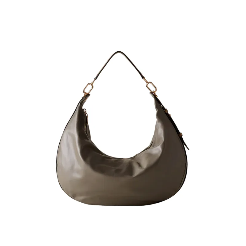 Borbonese große Hobo-Tasche aus Leder, lehmgrau