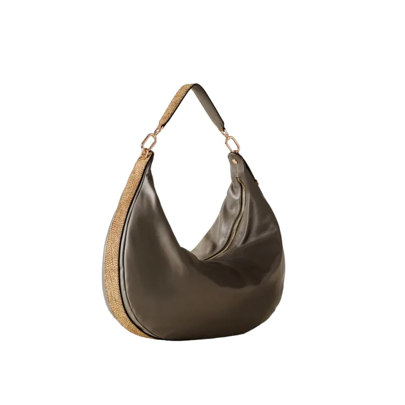 Borbonese large leather hobo bag, clay grey 2