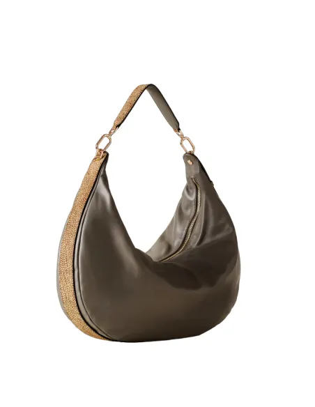 Borbonese große Hobo-Tasche aus Leder, lehmgrau