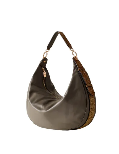 Borbonese große Hobo-Tasche aus Leder, lehmgrau