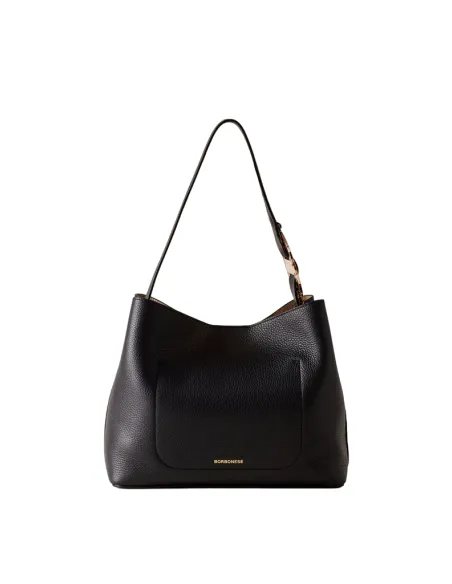 Damen Leder Bucket Bag Borbonese, schwarz