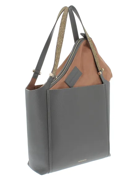 Borbonese Einkaufstasche aus Leder mit abnehmbarer Clutch, grau