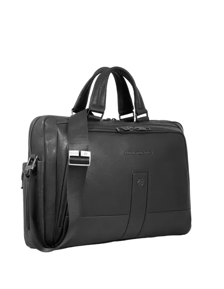 Piquadro Carl 15.6" leather briefcase with two handles, black