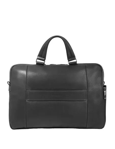 Piquadro Carl 15.6" leather briefcase with two handles, black