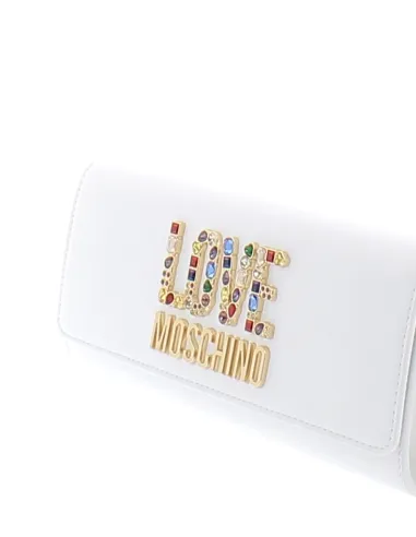 Pochette Love Moschino con logo con strass bianca