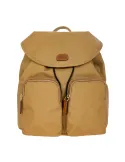 Woman's backpack with two zipped front pockets, light brown