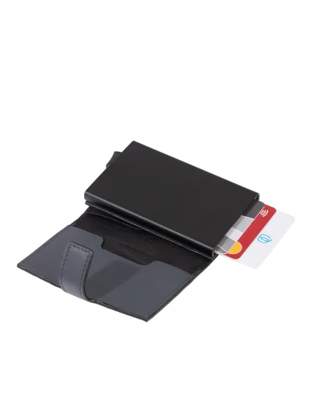 Piquadro Paul Metal and leather credit card holder with easy slide-out, black