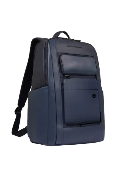 Piquadro Liko 15,6" Laptop-Rucksack aus Leder und Stoff, blau